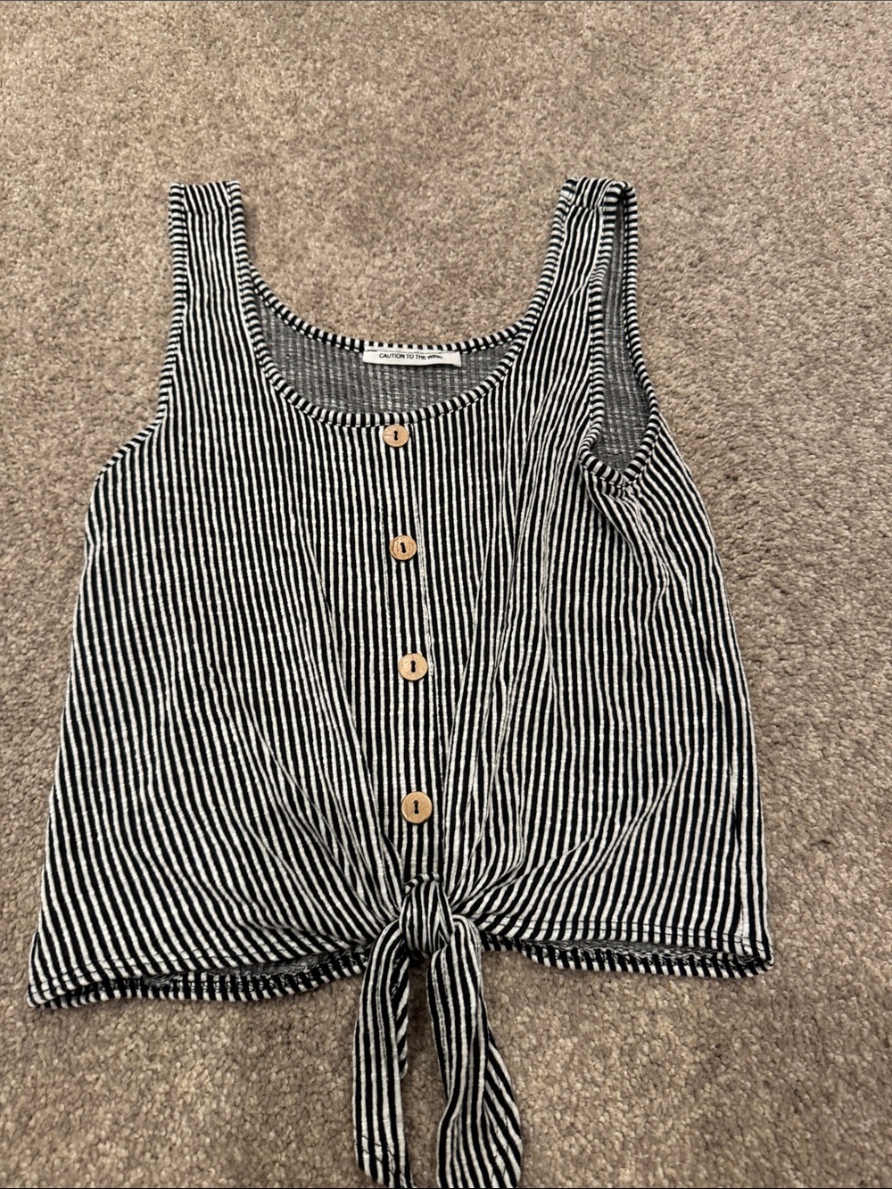Caution To The Wind Black & White Striped Button Tie Tank